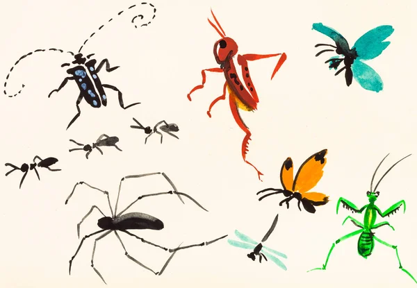 Many insects hand painted on cream colored paper — Stock Photo, Image