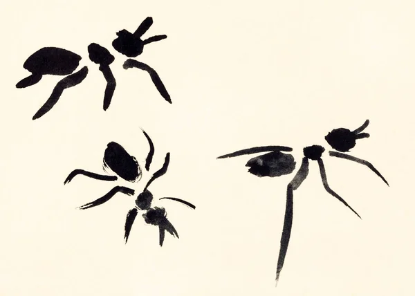 Tres hormigas pintadas a mano sobre papel color crema —  Fotos de Stock
