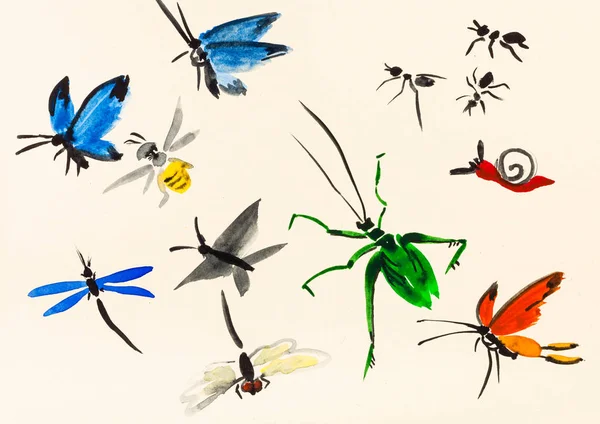 Lot of insects hand painted on cream colored paper — Stock Photo, Image