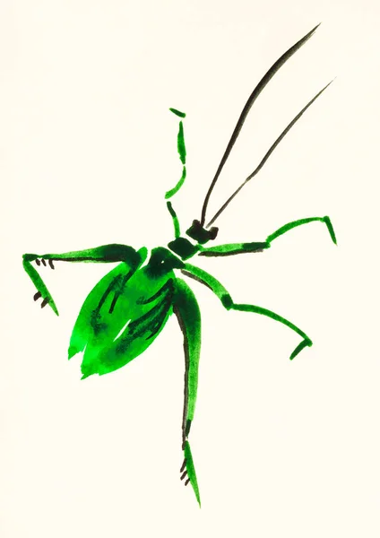 Grön gräshoppa handmålade på färgat papper — Stockfoto