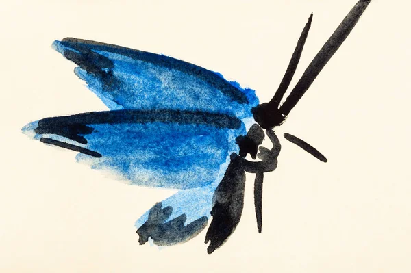 Polilla con alas azules pintadas a mano sobre papel de color —  Fotos de Stock
