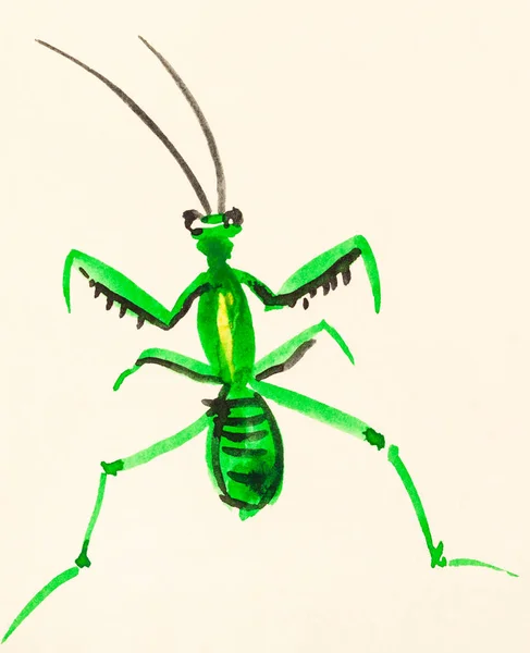Mantis målade på grädde färgade papper — Stockfoto