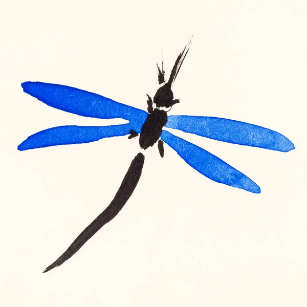 Libellula con ali blu su carta color crema — Foto Stock