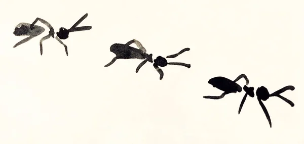 Линия муравьев, раскрашенных вручную на бумаге кремового цвета — стоковое фото