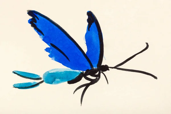Latający motyl ze skrzydłami niebieski na kolorowe pape — Zdjęcie stockowe