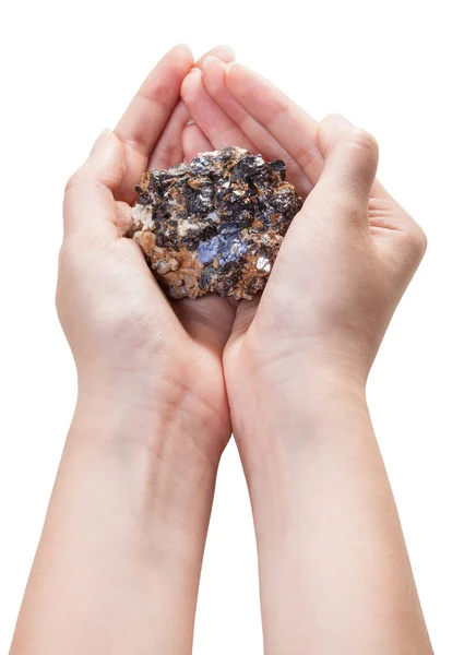 Above view of zinc and lead mineral ore in handful — Stock Photo, Image
