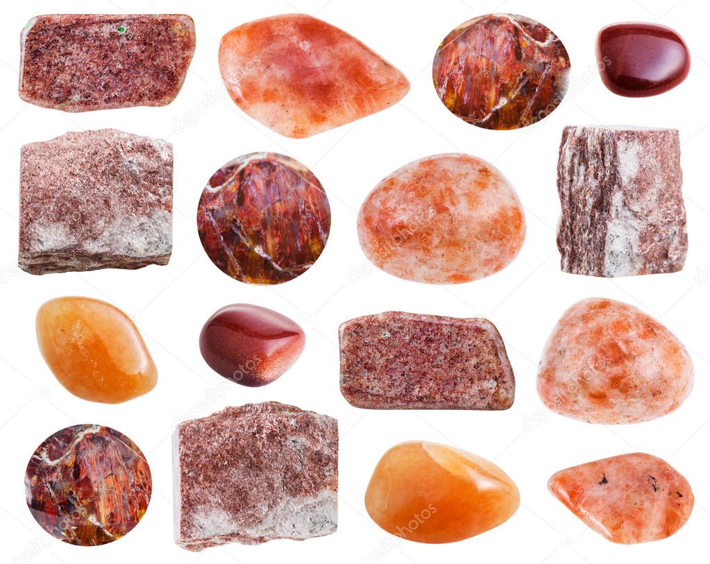 set of various Sunstone gemstones isolated