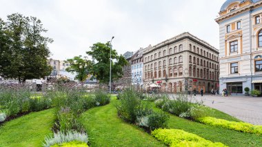 sonbahar Old Riga kasabasında yeşil çim