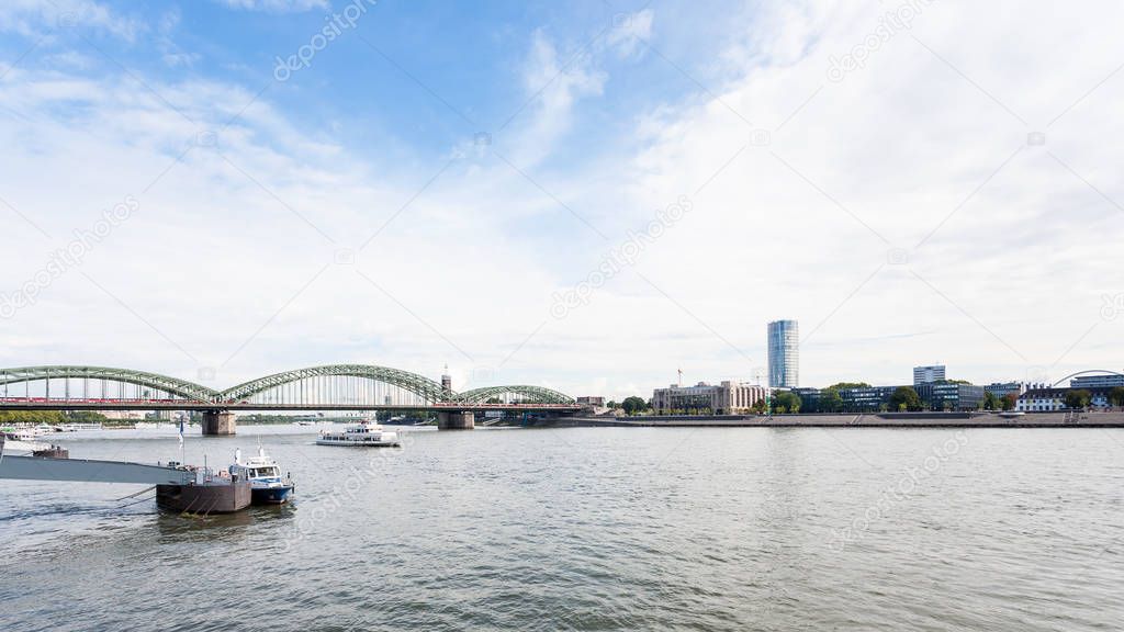 pier and view of Rhine river in Cologne city