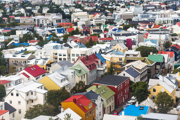 Travel to Iceland - above view of residential houses in Reykjavik city in september