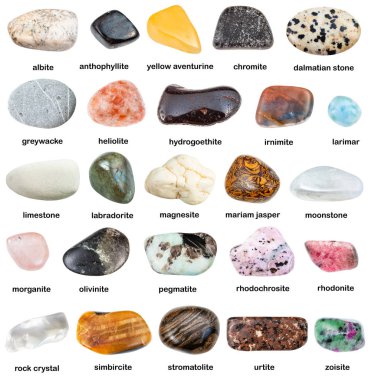 collection of natural mineral gem stones with name clipart