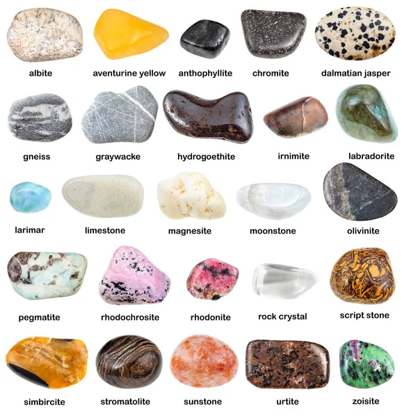 Various tumbled minerals with names isolated — Stock Photo © vvoennyy ...