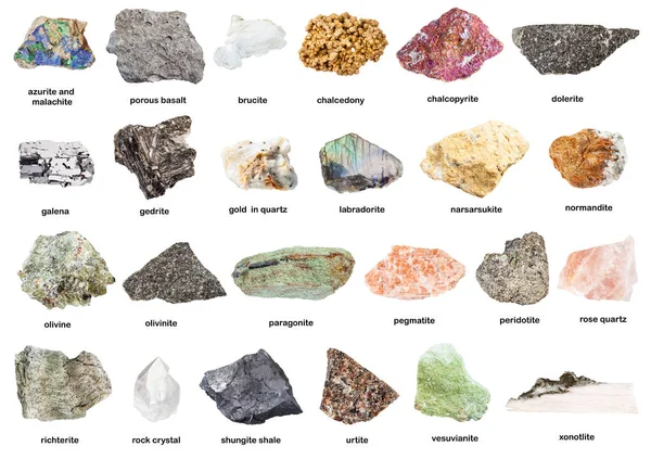 Espécimes minerais naturais com nome isolado — Fotografia de Stock