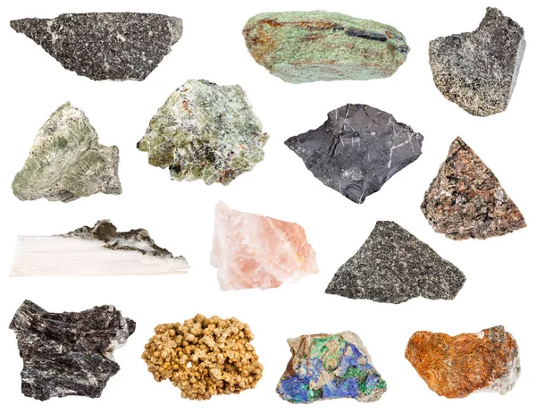 Набор различных необработанных камней, изолированных на белом Стоковое Изображение