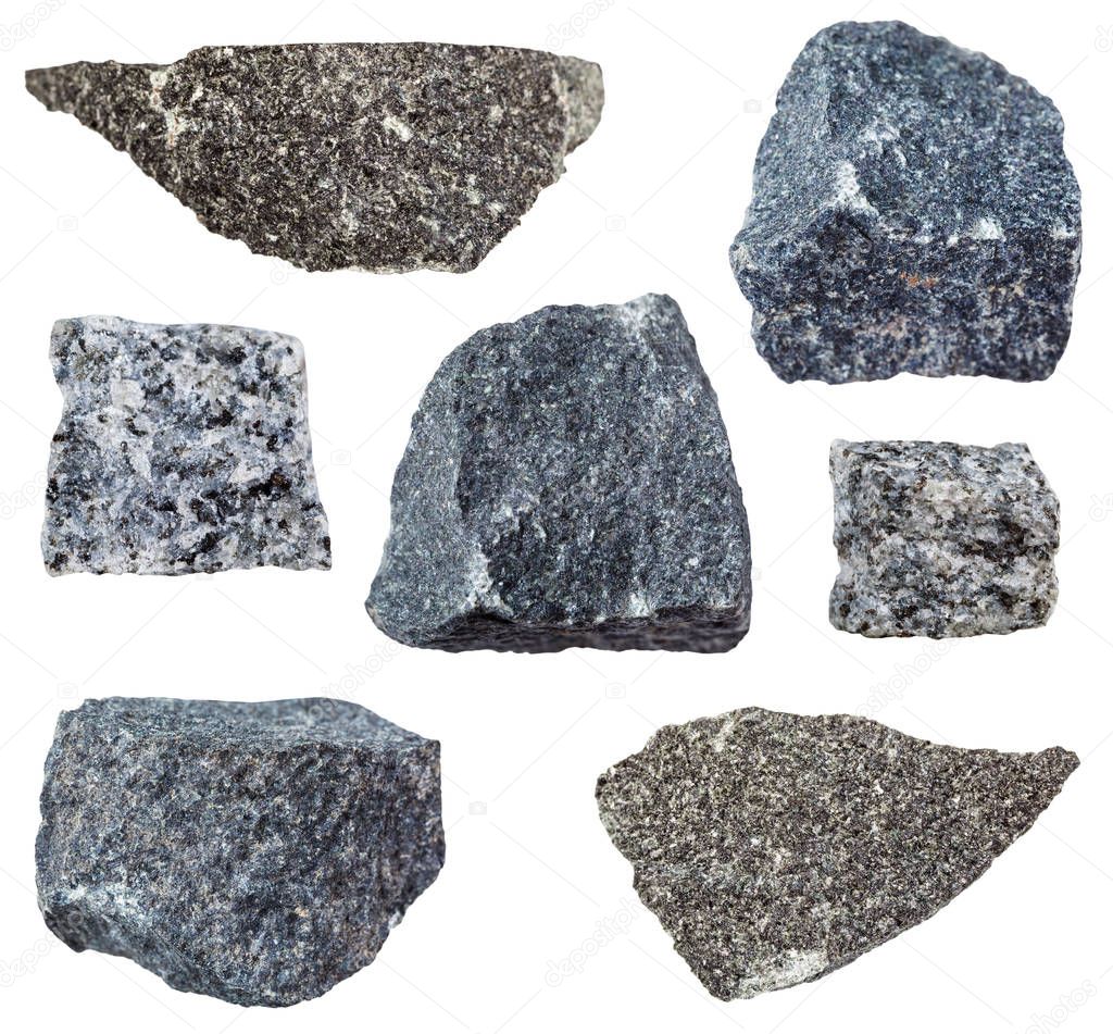 various Gabbro rocks isolated on white