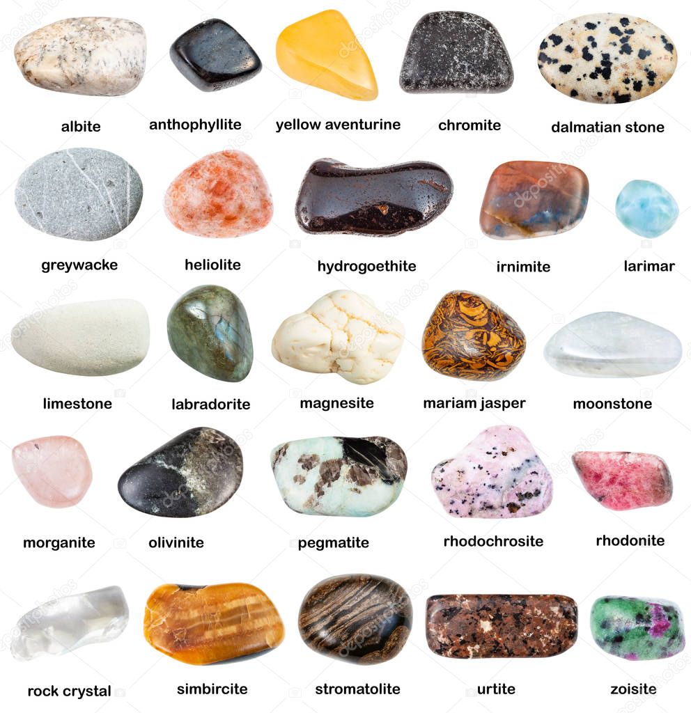 Colección de piedras preciosas y minerales con nombres: fotografía