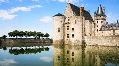 Kalesi Chateau de Sully-sur-Loire mavi gökyüzü altında