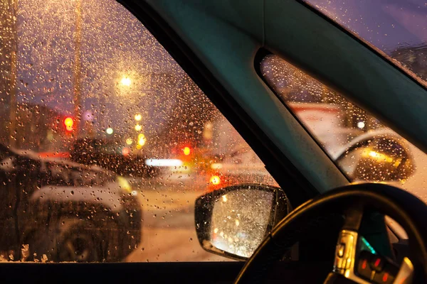 Driving in night snowfall in Moscow city — Stock Photo, Image