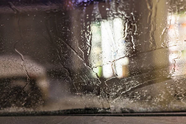 Водіння Нічний Снігопад Москві Вода Лобовому Склі Автомобіля Зимовий Вечір — стокове фото