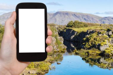 turist photographsf Silfra gorge Thingvellir içinde
