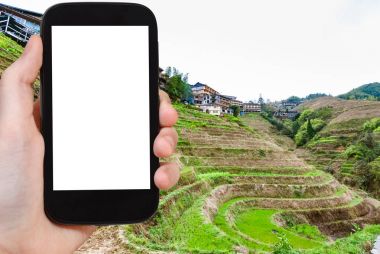 turist pirinç tarlaları Dazhai Köyü fotoğrafları