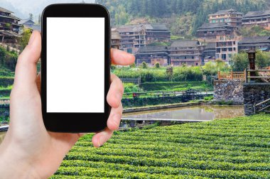 turist fotoğraf çay plantasyon içinde Chengyang