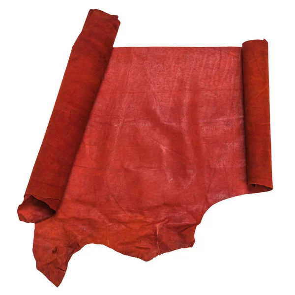 Розгорнутий сувій з червоної шкіри ізольований на білому — стокове фото