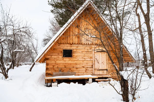 new small timber cottage in snow-covered garden