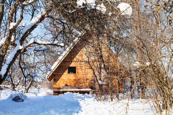 Casa de madeira no jardim coberto de neve no inverno — Fotografia de Stock