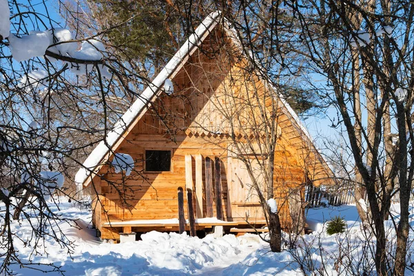 Vista de pequeño chalet de madera y esquís anchos — Foto de Stock