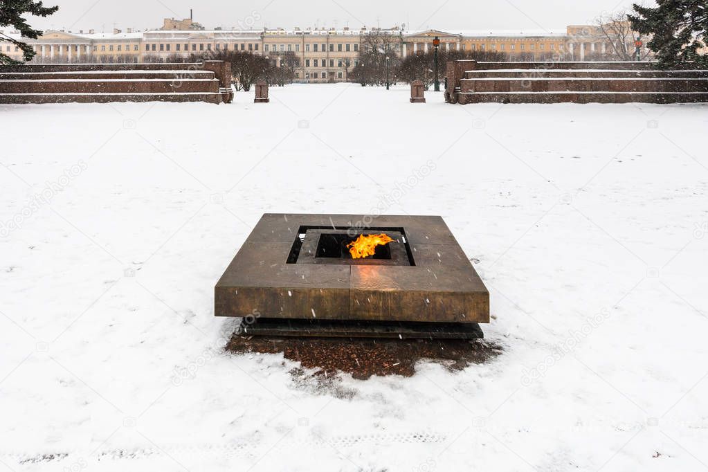 Eternal Flame memorial at Field of Mars in snow
