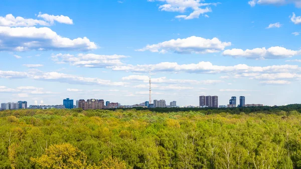 Boven uitzicht op groene bos in de buurt van de stad in de zomer — Stockfoto