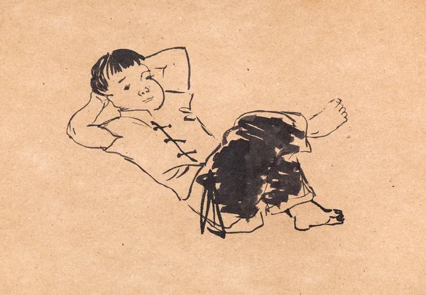 Liggande kinesisk pojke hand ritad i Sumi-e stil — Stockfoto