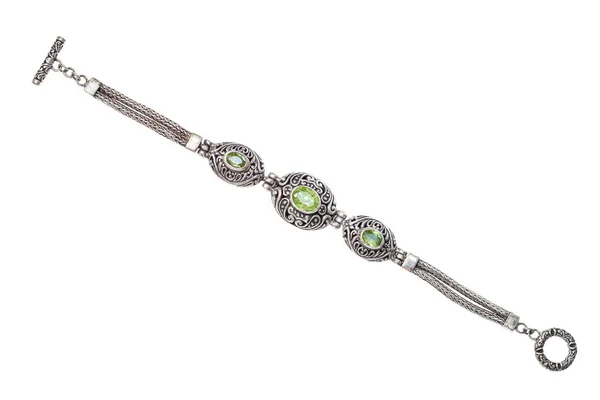 Silver bracelet with natural peridot gemstones — Stock Photo, Image