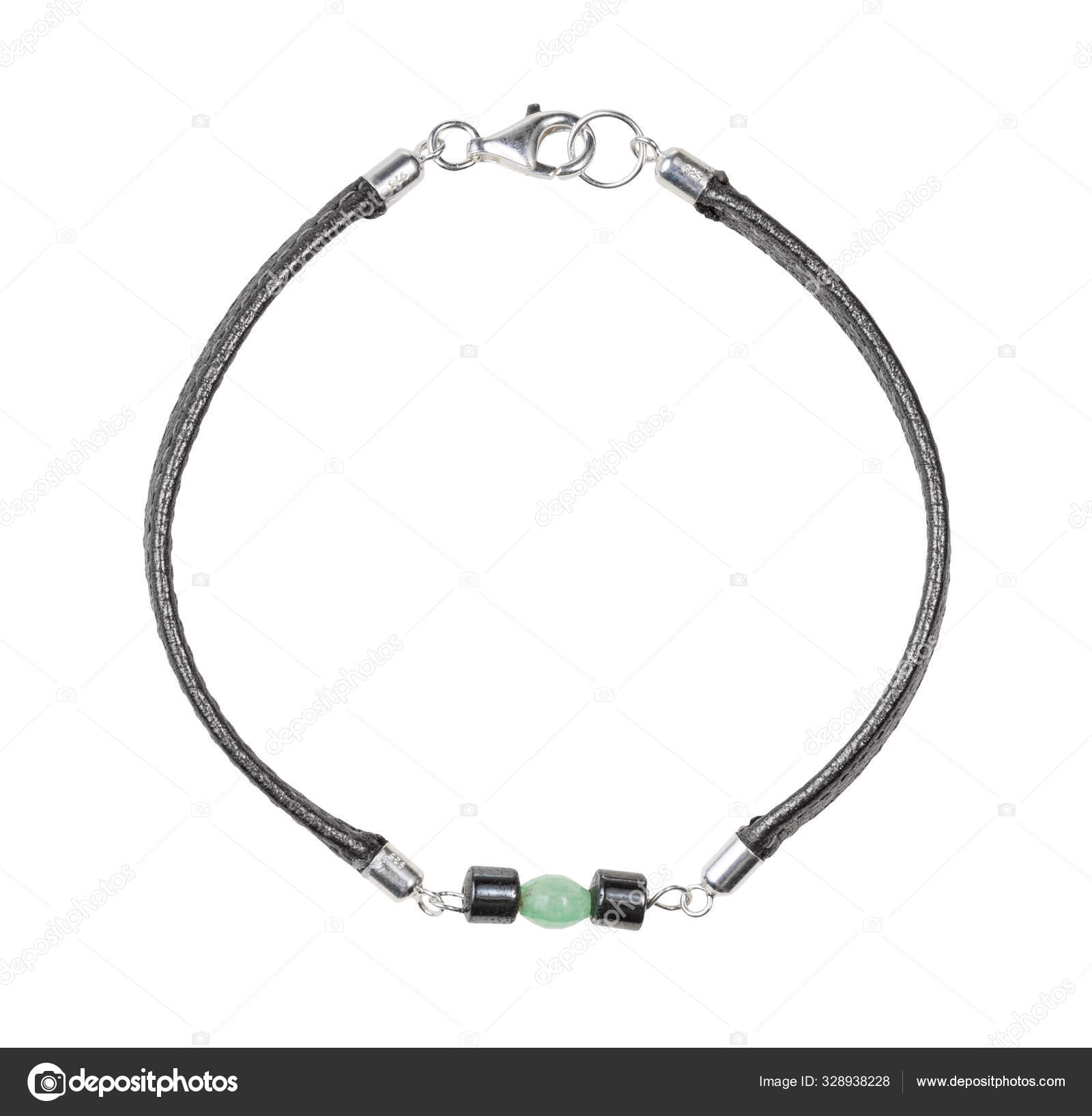 Bracelet From Leather Lace And Jade And Hematite Stock Photo