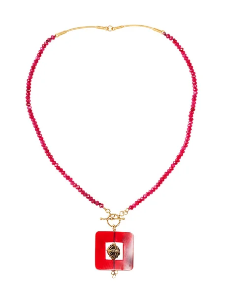 Necklace from red agate beads with square pendant — Stock Photo, Image