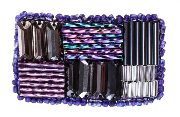 Brooch from various purple glass bugles and beads — Stock Photo, Image
