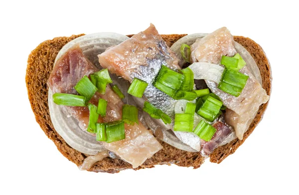 Top view of open sandwich with herring and onion — 스톡 사진