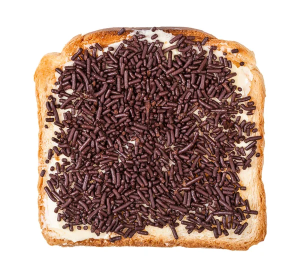 Bovenaanzicht toast met boter en chocolade hagelslag — Stockfoto