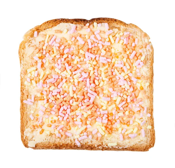 Bovenaanzicht van zoete toast met boter en fruithails — Stockfoto