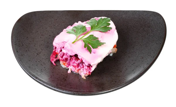 Portion of Dressed herring russian salad decorated — 스톡 사진