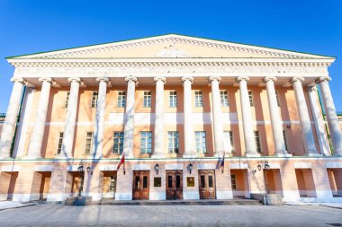 MOSCOW, RUSSIA - FEBRUARY 8, 2020: front view of Moscow City Duma in Gagarin Palace (Russian regional parliament in Moscow) on Strastnoy boulevard in winter morning.