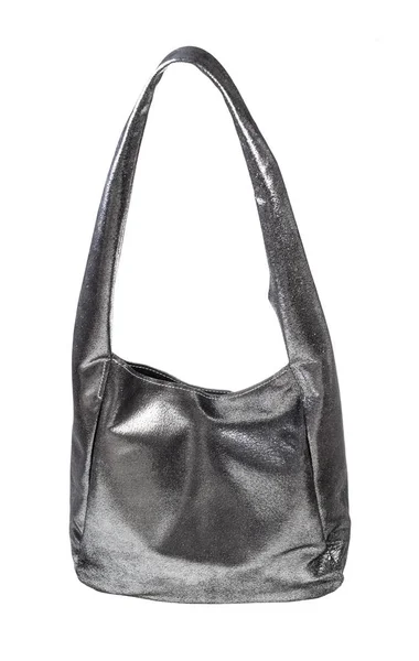 Weiche Handtasche Handgefertigt Aus Silbernem Leder Isoliert Auf Weißem Hintergrund — Stockfoto