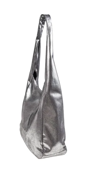 Sidovy Handväska Handgjord Silver Läder Isolerad Vit Bakgrund — Stockfoto