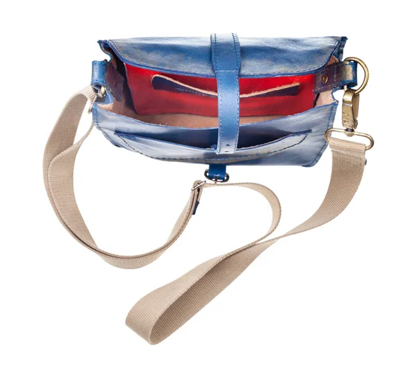 Vue Dessus Sac Main Vide Cuir Bleu Avec Bracelet Textile — Photo