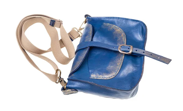 Sac Main Fermé Cuir Bleu Avec Bracelet Textile Isolé Sur — Photo