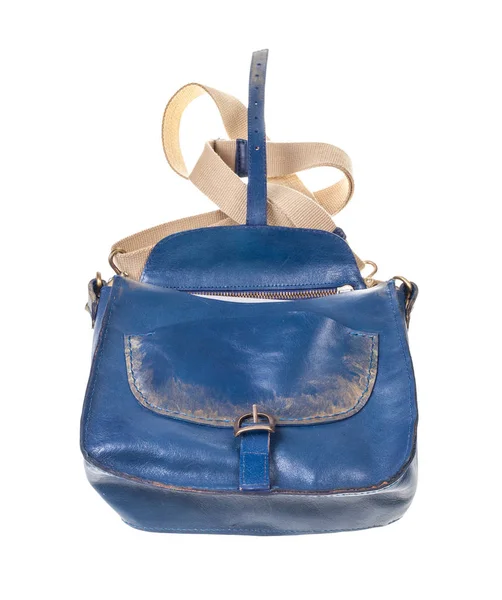 Nederst Bild Handgjorda Blå Läder Handväska Med Textilrem Isolerad Vit — Stockfoto