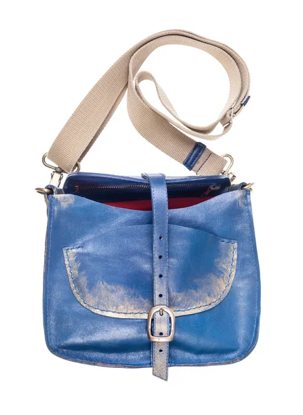 Öppen Blå Läder Handväska Med Textilrem Isolerad Vit Bakgrund — Stockfoto