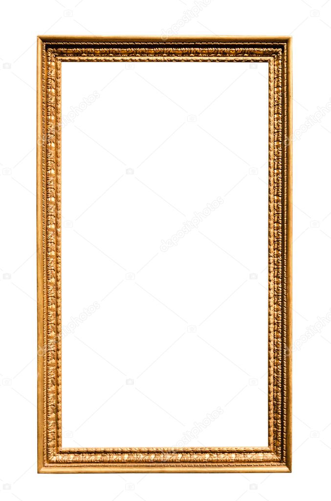 long vertical narrow vintage wooden picture frame with cutout canvas isolated on white background