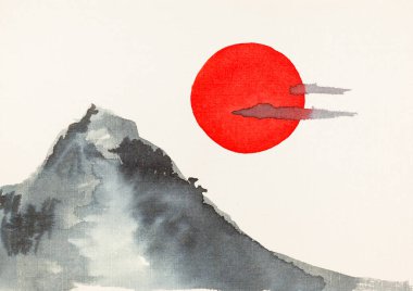 Sumi-e (suibokuga) tarzında kabartmalı krema kağıdının üzerine sulu boya boyayla çizilmiş kırmızı ve kırmızı güneş.